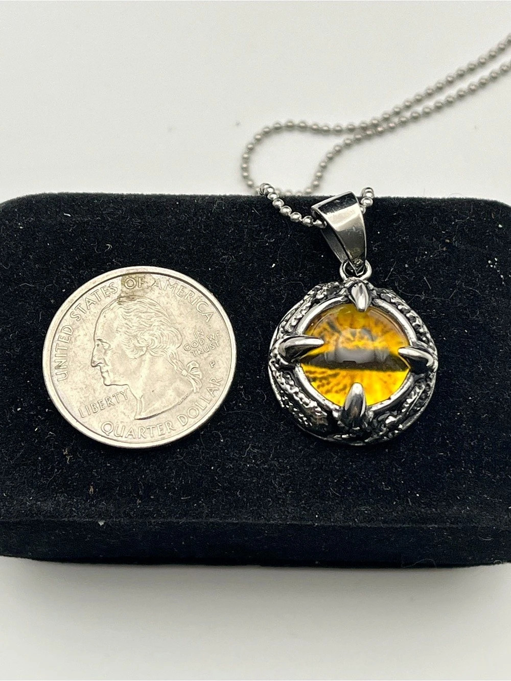 20”, Stainless Steel Oval Yellow Eye Pendant W/ Ball Chain